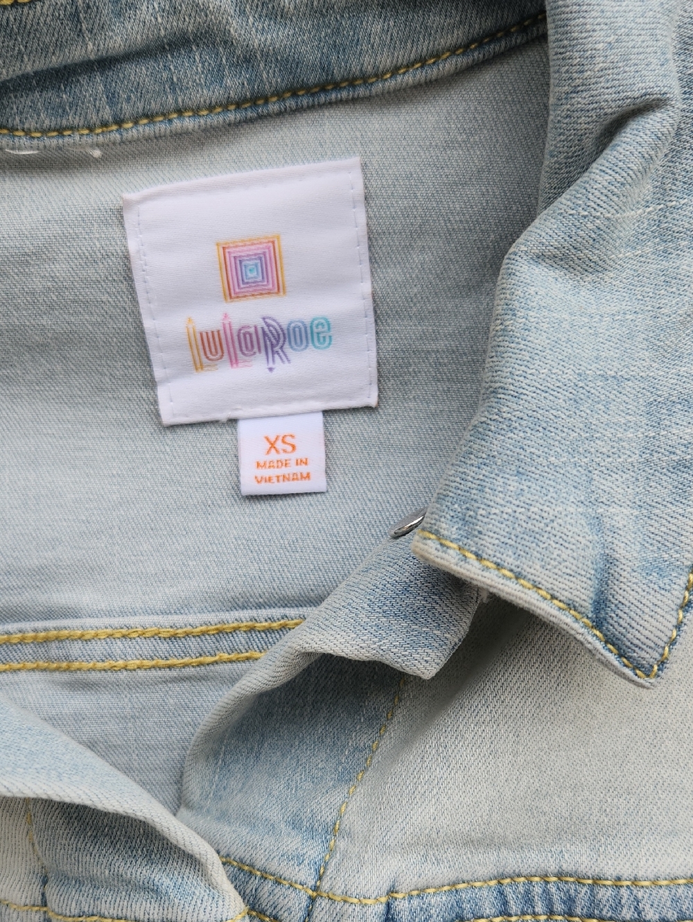 LuLaRoe Light Wash Denim Jacket with Yellow Floral Accents - Picture 2 of 6